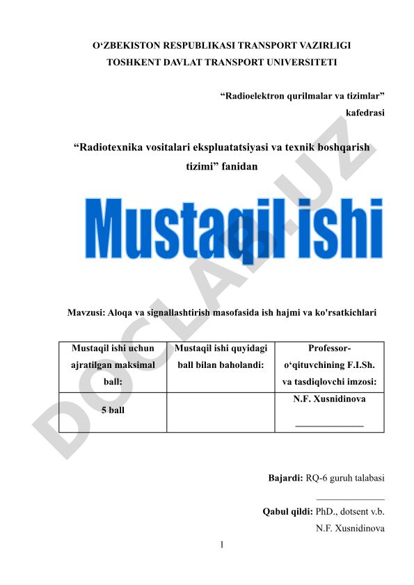 Aloqa va signallashtirish masofasida ish hajmi va ko'rsatkichlari
