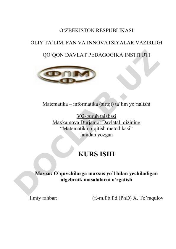 O'quvchilarga maxsus yo'l bilan yechiladigan algebraik masalalarni o'rgatish
