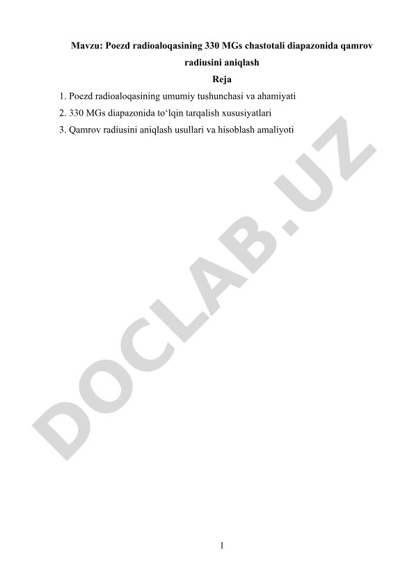 Poezd radioaloqasining 330 MGs chastotali diapazonida qamrov radiusini aniqlash