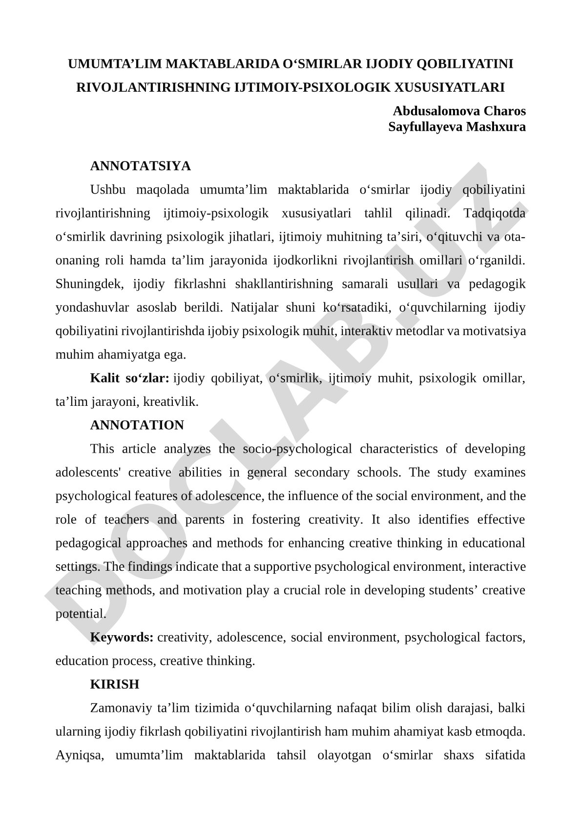 Umumta’lim maktablarida o‘smirlar ijodiy qobiliyatini rivojlantirishning ijtimoiy-psixologik xususiyatlari