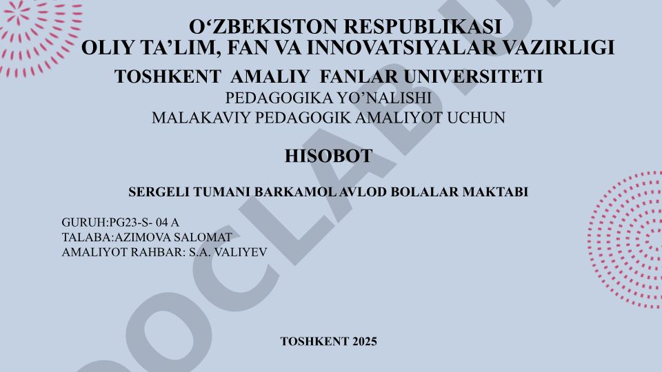 Pedagogik malakaviy amaliyot hisoboti
