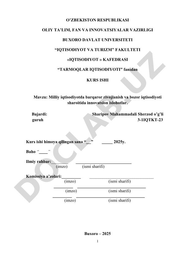 Milliy iqtisodiyotda barqaror rivojlanish va bozor iqtisodiyoti sharoitida innovatsion islohotlar