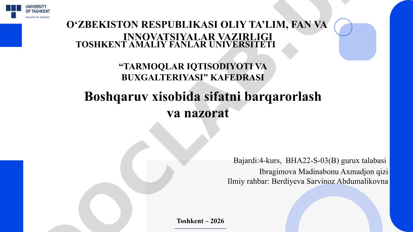 Boshqaruv hisobida sifatni barqarorlash va nazorat
