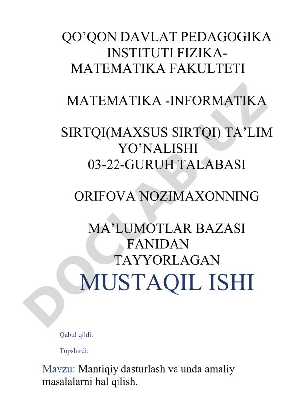 Mantiqiy dasturlash va unda amaliy masalalarni hal qilish