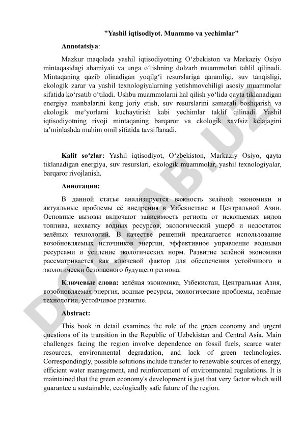 Yashil iqtisodiyot. Muammo va yechimlar