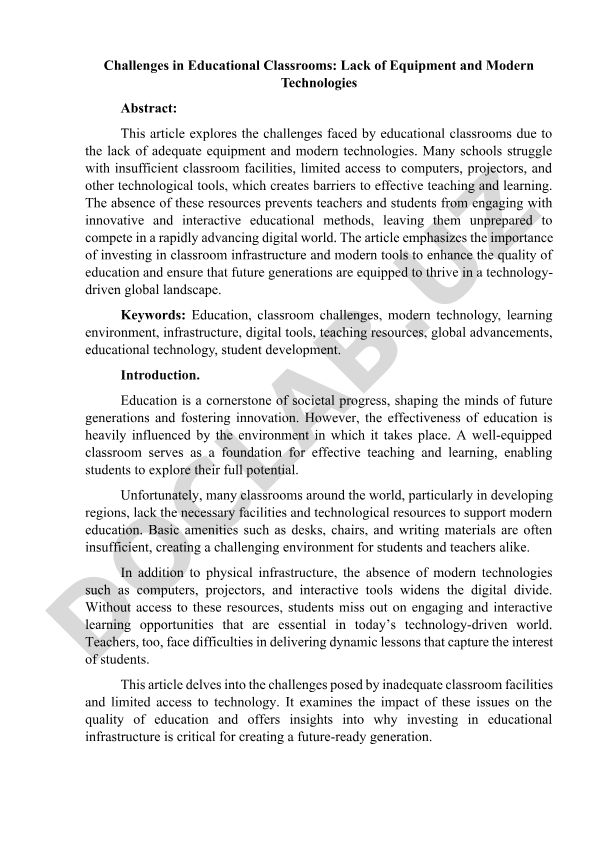 Challenges in Educational Classrooms: Lack of Equipment and Modern Technologies