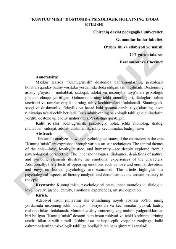 Kuntug'mish dostonida psixologik holatning ifoda etilishi