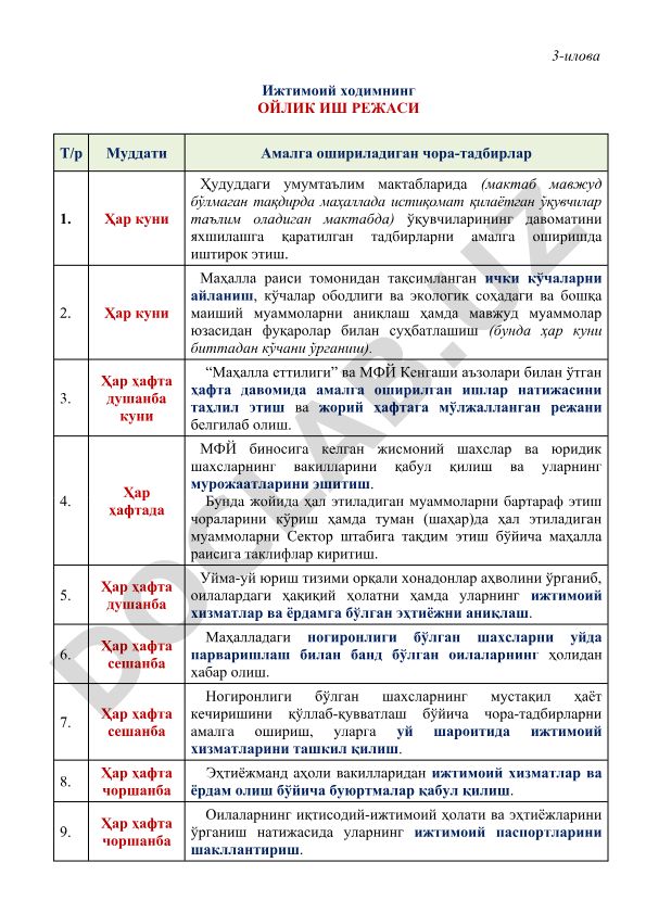 Ижтимоий ходимнинг ойлик иш режаси