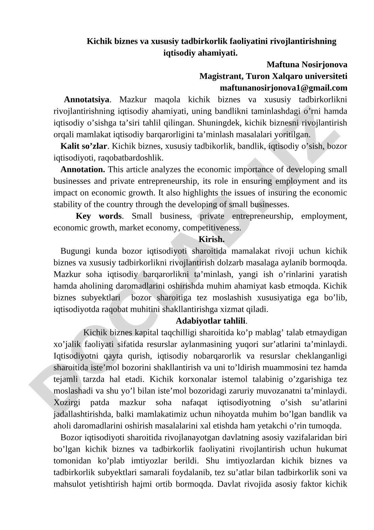 Kichik biznes va xususiy tadbirkorlik faoliyatini rivojlantirishning iqtisodiy ahamiyati