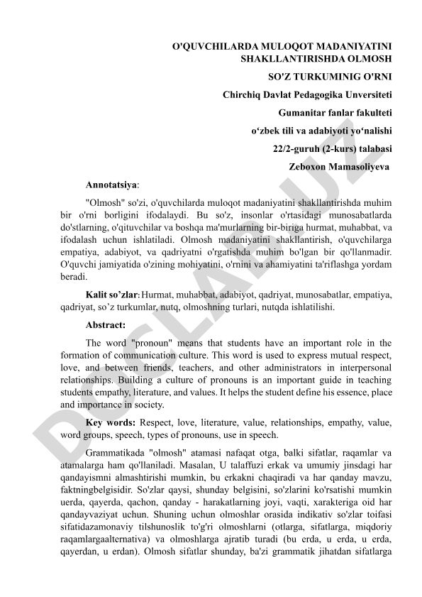 O'quvchilarda muloqot madaniyatini shakllantirishda olmosh so'z turkumining o'rni