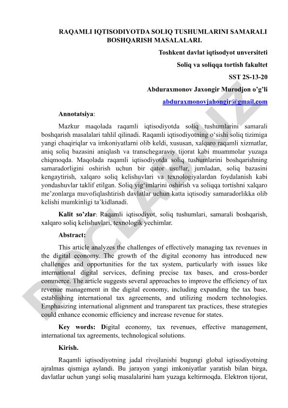 Raqamli iqtisodiyotda soliq tushumlarini samarali boshqarish masalalari