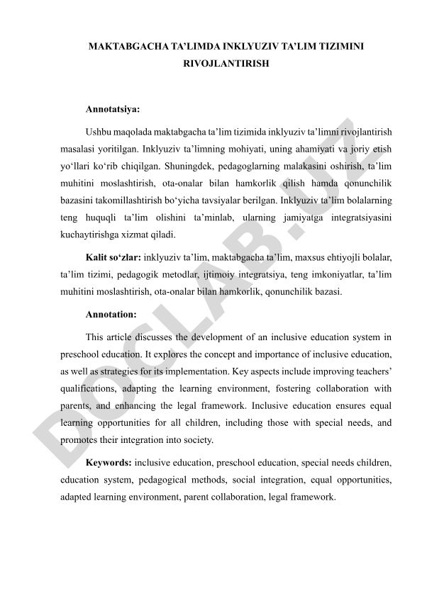 Maktabgacha ta’limda inklyuziv ta’lim tizimini rivojlantirish
