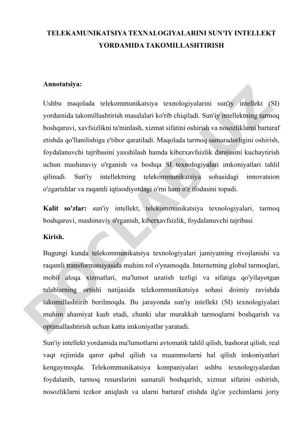 Telekommunikatsiya texnologiyalarini sunʼiy intellekt yordamida takomillashtirish