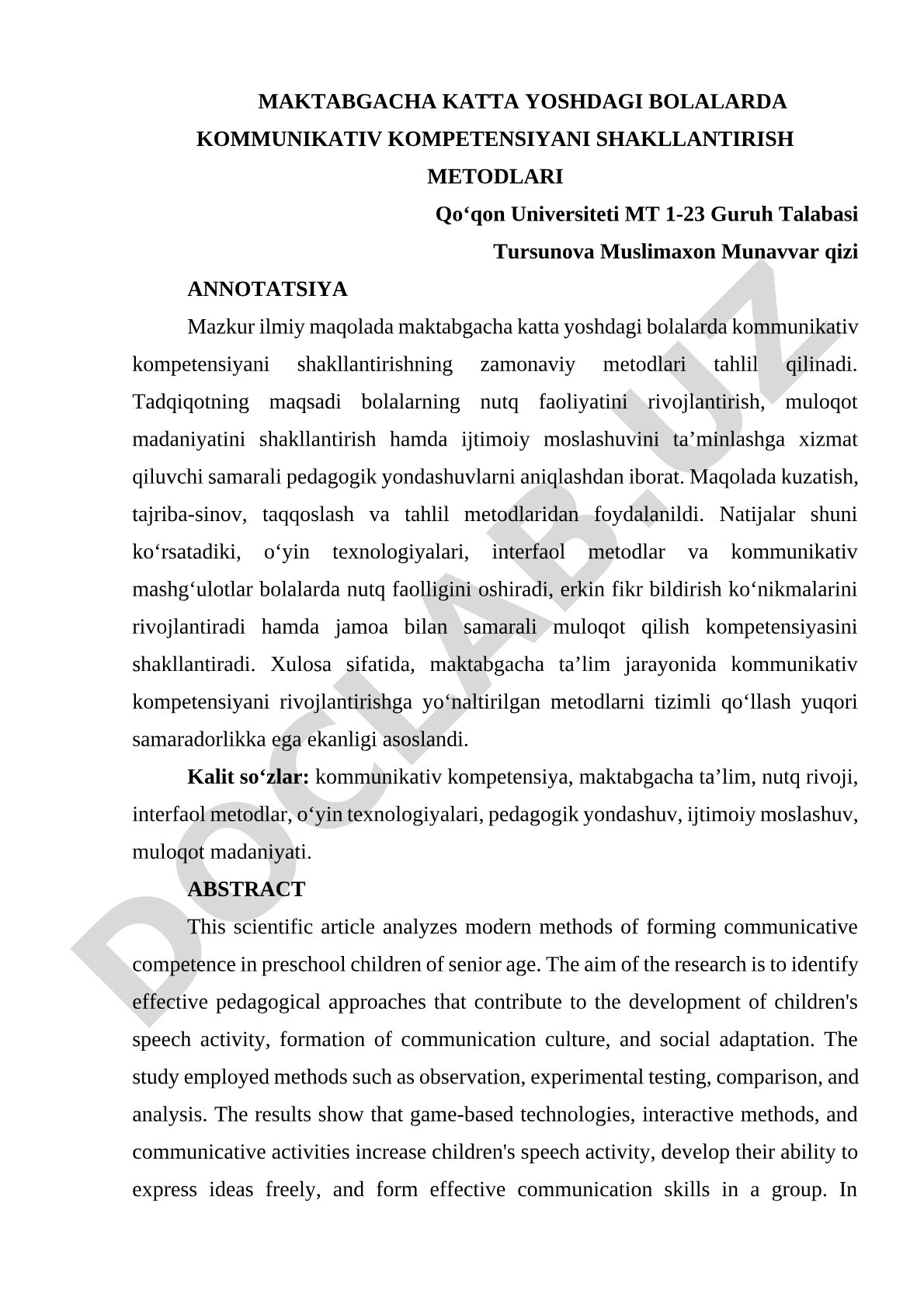 Maktabgacha katta yoshdagi bolalarda kommunikativ kompetensiyani shakllantirish metodlari