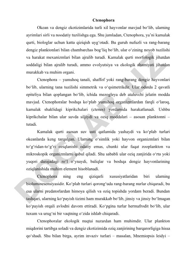 Ctenophora (kamalak qurti) biologiyasi va ekologiyasi