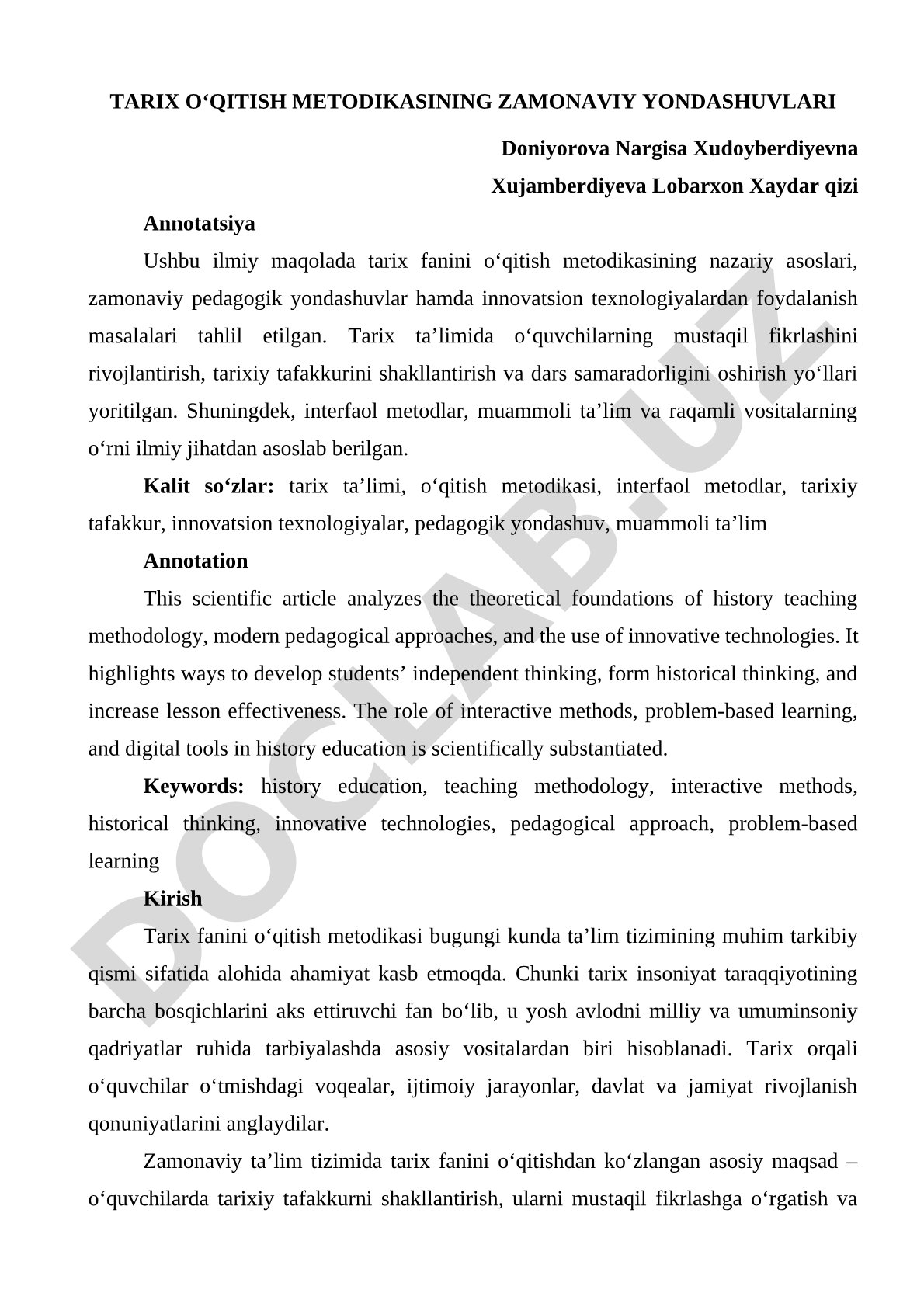 Tarix o‘qitish metodikasining zamonaviy yondashuvlari