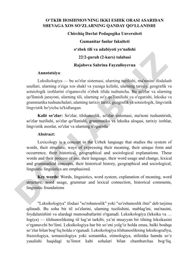 Oʻtkir Hoshimovning IKKI ESHIK ORASI asaridagi shevaga xos soʻzlarning qoʻllanishi