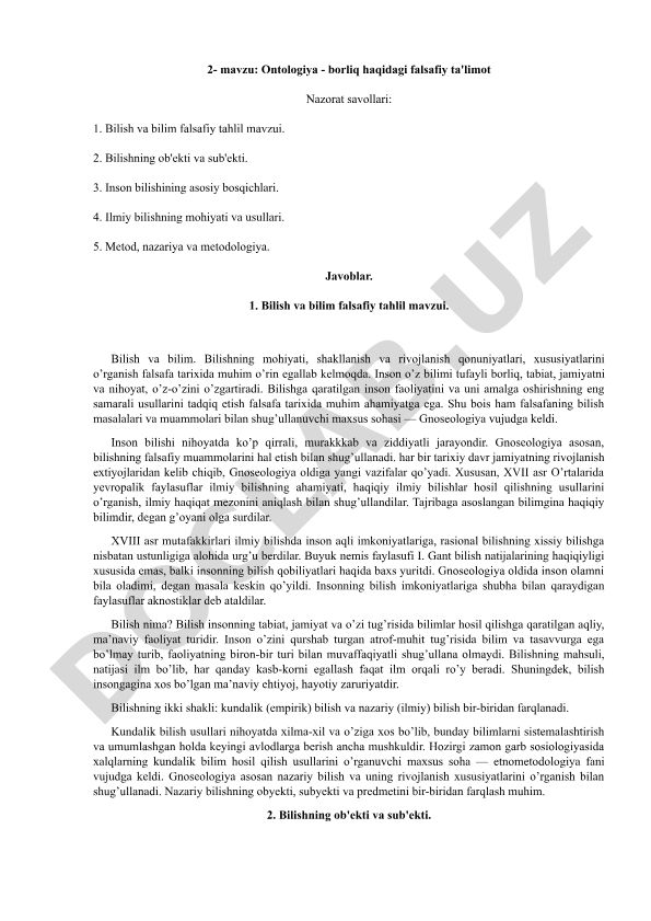 Ontologiya - borliq haqidagi falsafiy ta'limot