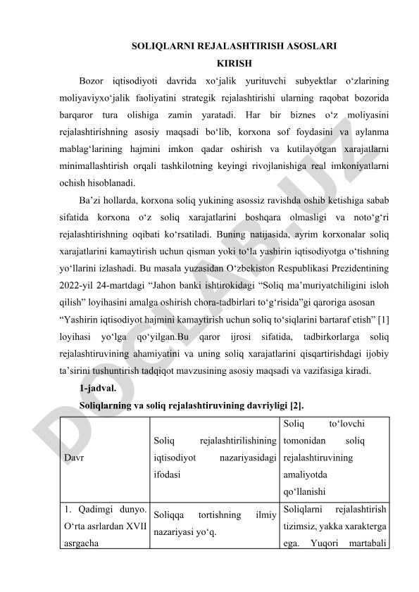Soliqlarni rejalashtirish asoslari