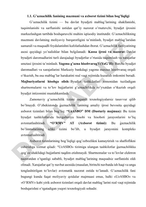 G'aznachilik fanining mazmuni va axborot tizimi bilan bog'liqligi