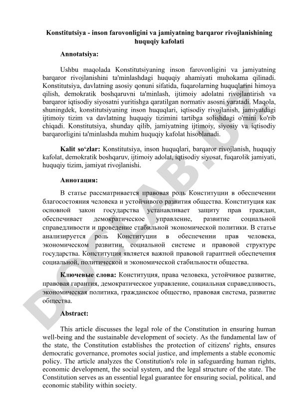 Konstitutsiyaning inson farovonligi va jamiyat barqaror rivojlanishidagi huquqiy ahamiyati