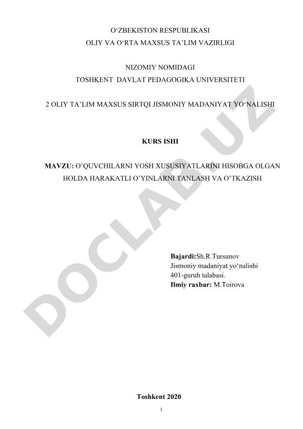 O'quvchilarni yosh xususiyatlarini hisobga olgan holda harakatli o'yinlarni tanlash va o'tkazish