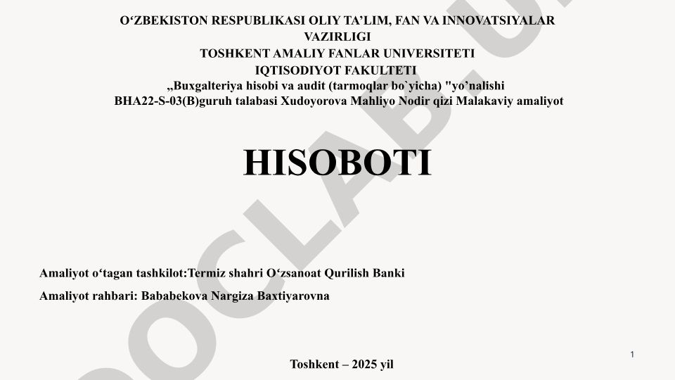 Termiz shahri Oʻzsanoat Qurilish Bankida malakaviy amaliyot hisoboti