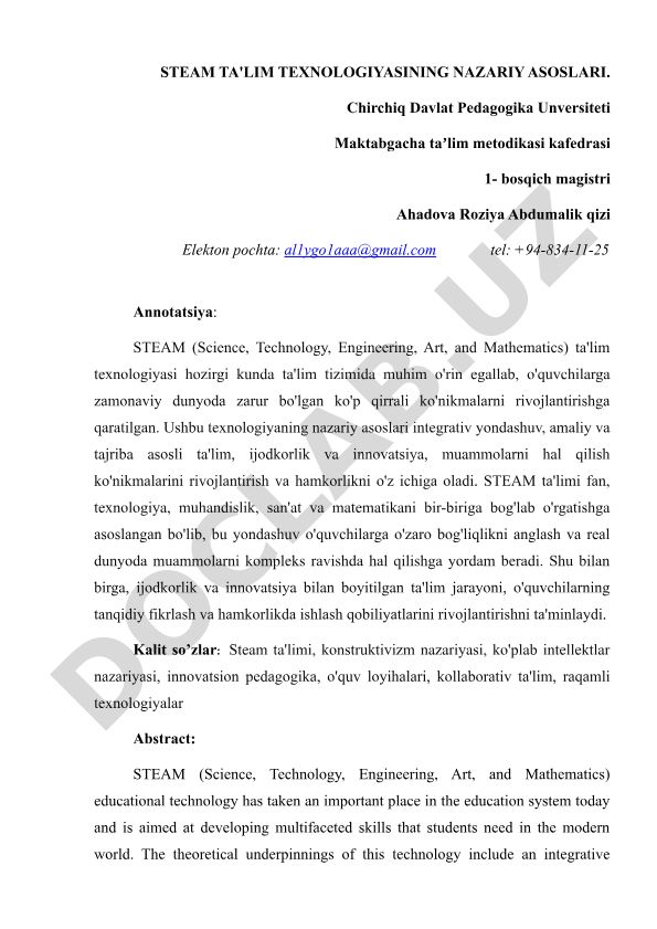 STEAM ta'lim texnologiyasining nazariy asoslari
