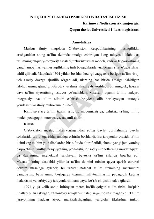 O‘zbekiston mustaqillik davrida ta’lim tizimi islohotlari