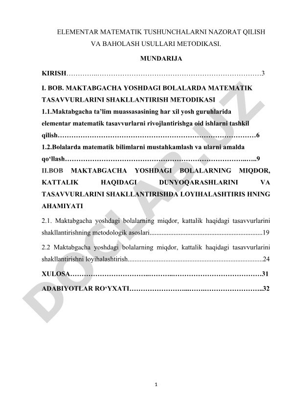 Elementar matematik tushunchalarni nazorat qilish va baholash usullari metodikasi