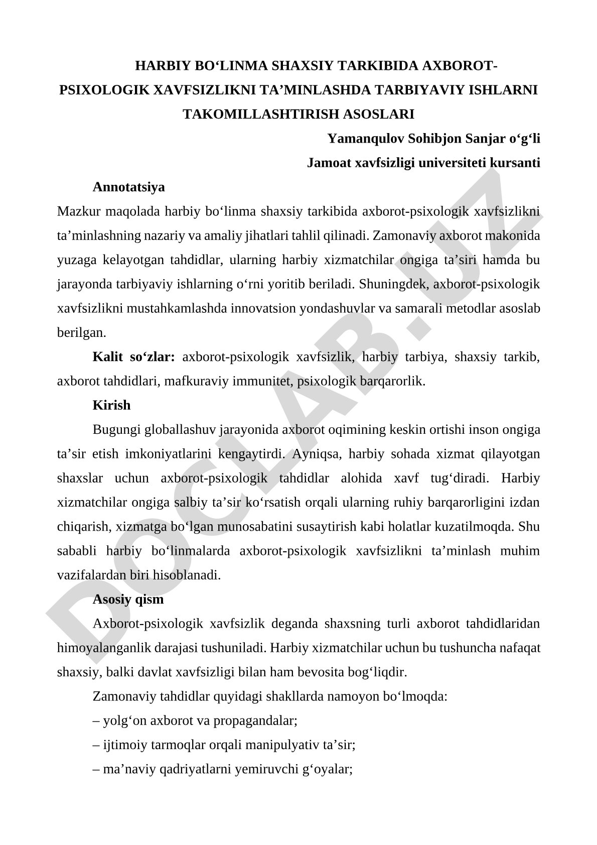 Harbiy bo'linma shaxsiy tarkibida axborot-psixologik xavfsizlikni ta'minlashda tarbiyaviy ishlarni takomillashtirish asoslari