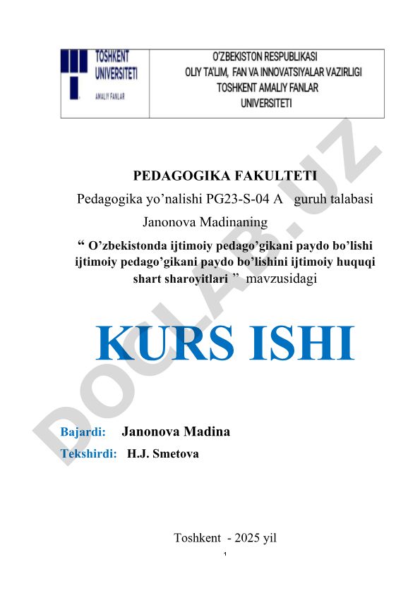O'zbekistonda ijtimoiy pedago'gikani paydo bo'lishi ijtimoiy huquqi shart sharoyitlari