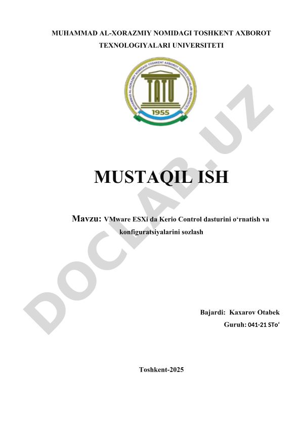 VMware ESXi da Kerio Control dasturini o‘rnatish va konfiguratsiyalarini sozlash