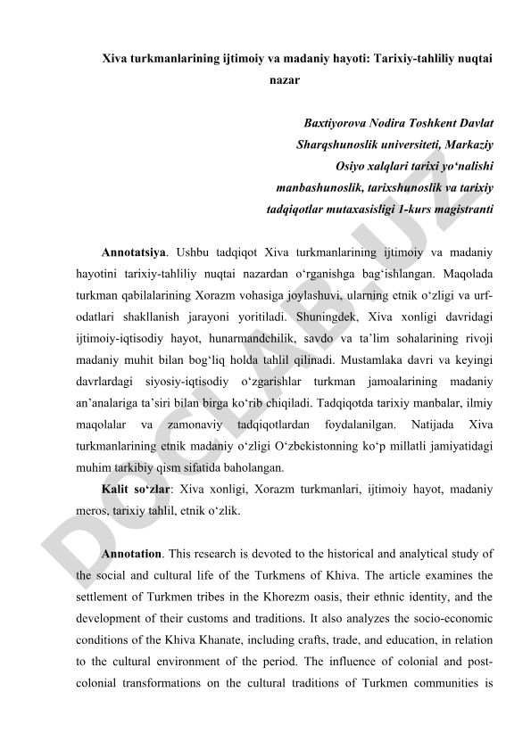 Xiva turkmanlarining ijtimoiy va madaniy hayoti: Tarixiy-tahliliy nuqtai nazar