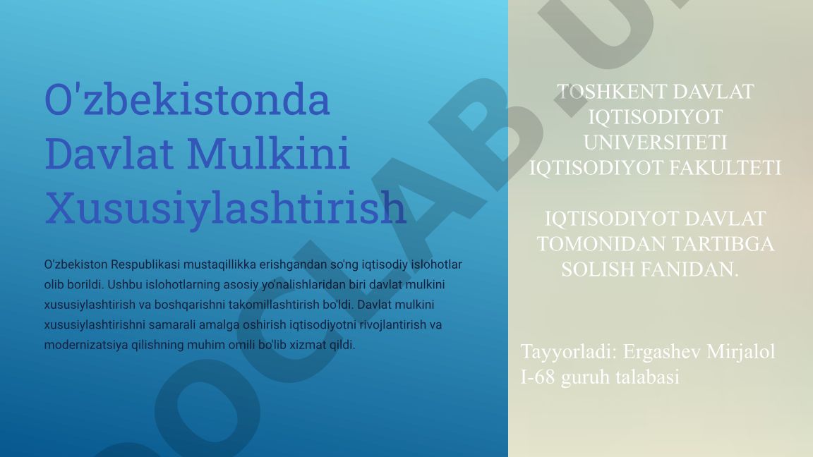O'zbekistonda Davlat Mulkini Xususiylashtirish