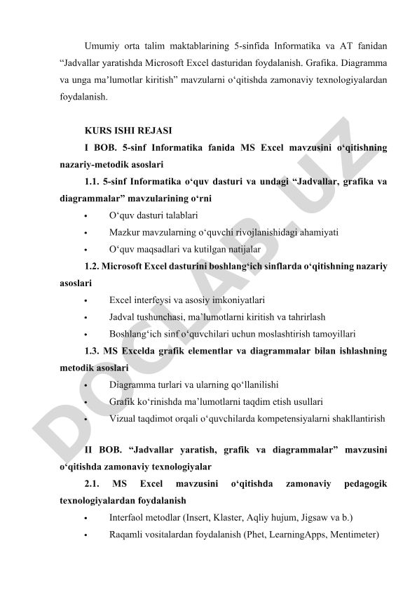 5-sinf Informatika fanida MS Excel mavzusini o‘qitishning nazariy-metodik asoslari