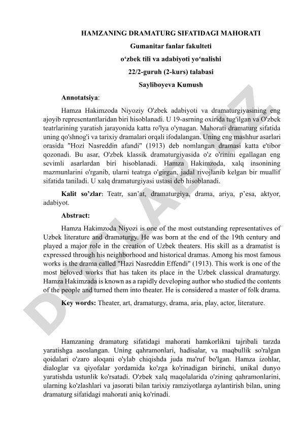 Hamza Hakimzoda Niyoziyning dramaturg sifatidagi mahorati