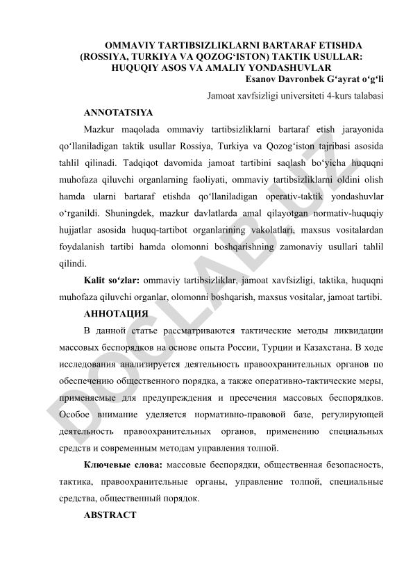 Ommaviy tartibsizliklarni bartaraf etishda (Rossiya, Turkiya va Qozog'iston) taktik usullar: huquqiy asos va amaliy yondashuvlar