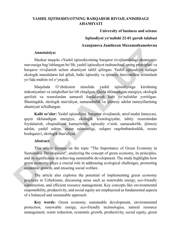 Yashil iqtisodiyotning barqaror rivojlanishdagi ahamiyati
