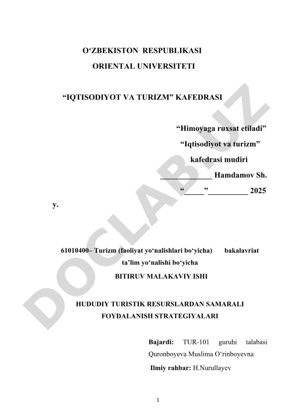 Hududiy turistik resurslardan samarali foydalanish strategiyalari