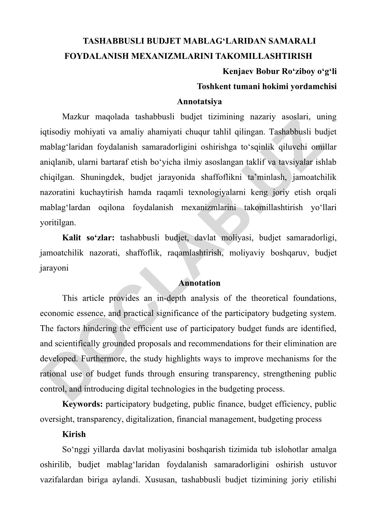 Tashabbusli budjet mablag‘laridan samarali foydalanish mexanizmlarini takomillashtirish