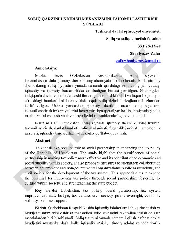 Soliq qarzini undirish mexanizmini takomillashtirish yo‘llari