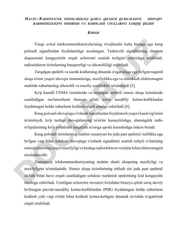 Radioteхnik tizimlaridagi qabul qilgich qurilmasining shovqin bardoshliligini oshirish va baholash usullarini tadqiq qilish