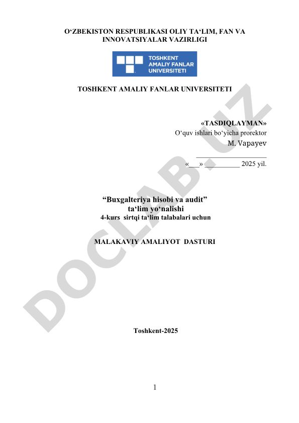 Buxgalteriya hisobi va audit yo'nalishi talabalari uchun malakaviy amaliyot dasturi