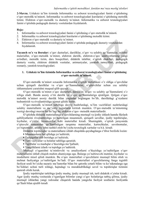 Uzluksiz ta'lim tizimida Informatika va axborot texnologiyalari fanini o'qitishning o'quv-metodik ta'minoti