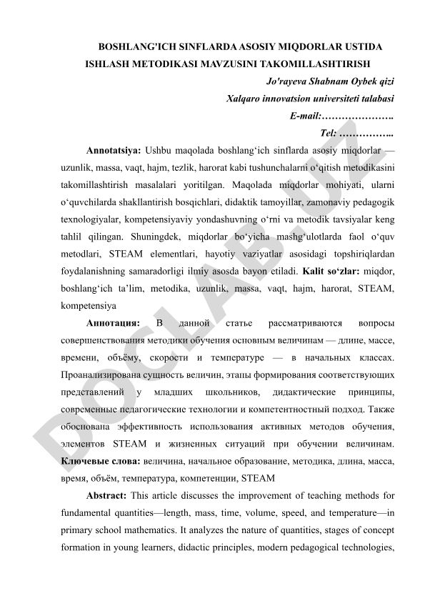 Boshlang'ich sinflarda asosiy miqdorlar ustida ishlash metodikasini takomillashtirish