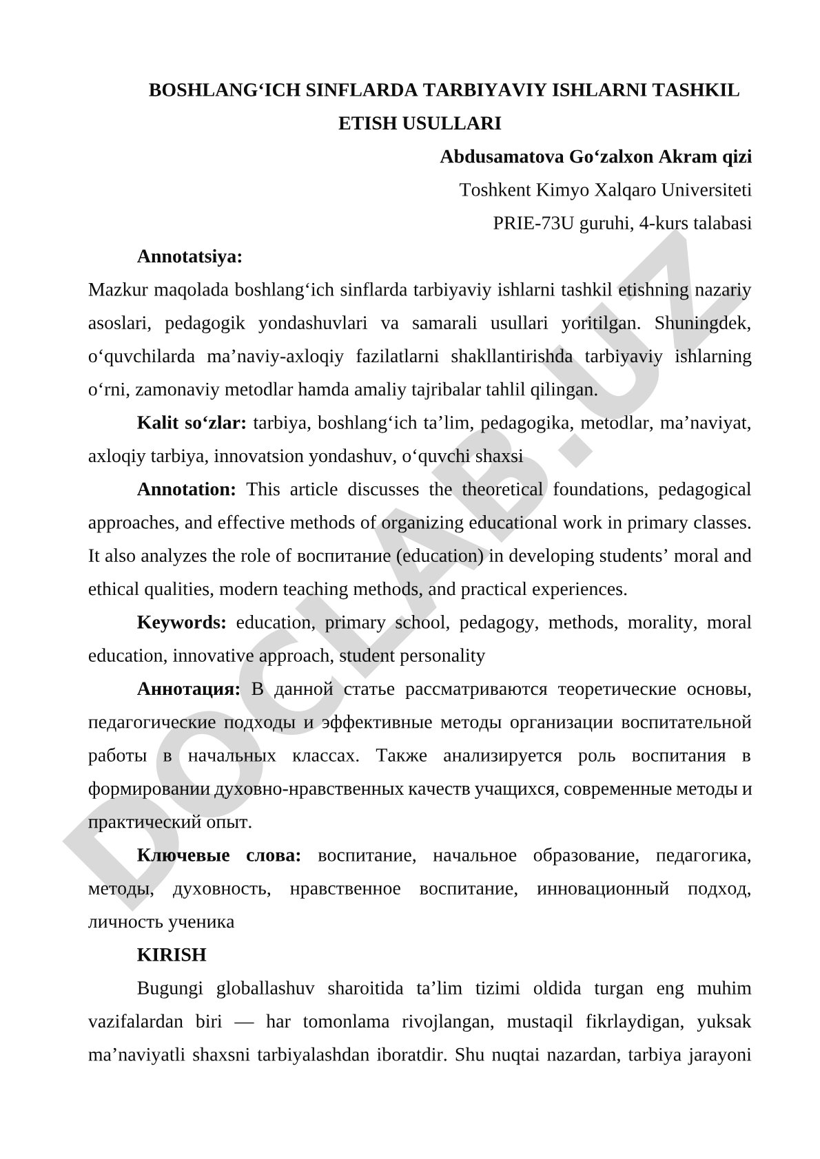 Boshlang‘ich sinflarda tarbiyaviy ishlarni tashkil etish usullari