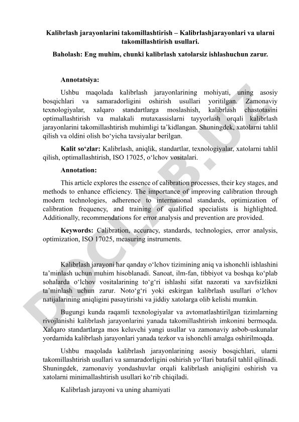 Kalibrlash jarayonlari va ularni takomillashtirish usullari