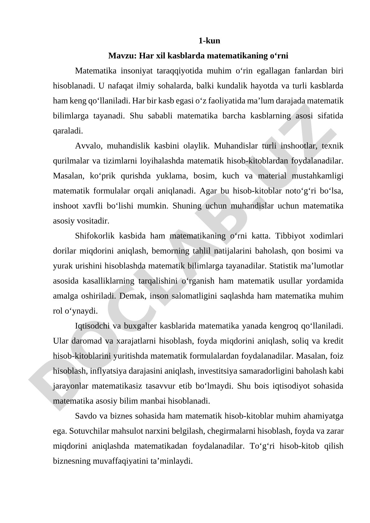 Har xil kasblarda matematikaning o'rni