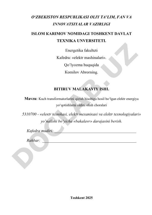 Kuch transformatorlarini qizish hisobiga hosil boʻlgan elektr energiya yoʻqotishlarni oldini olish choralari
